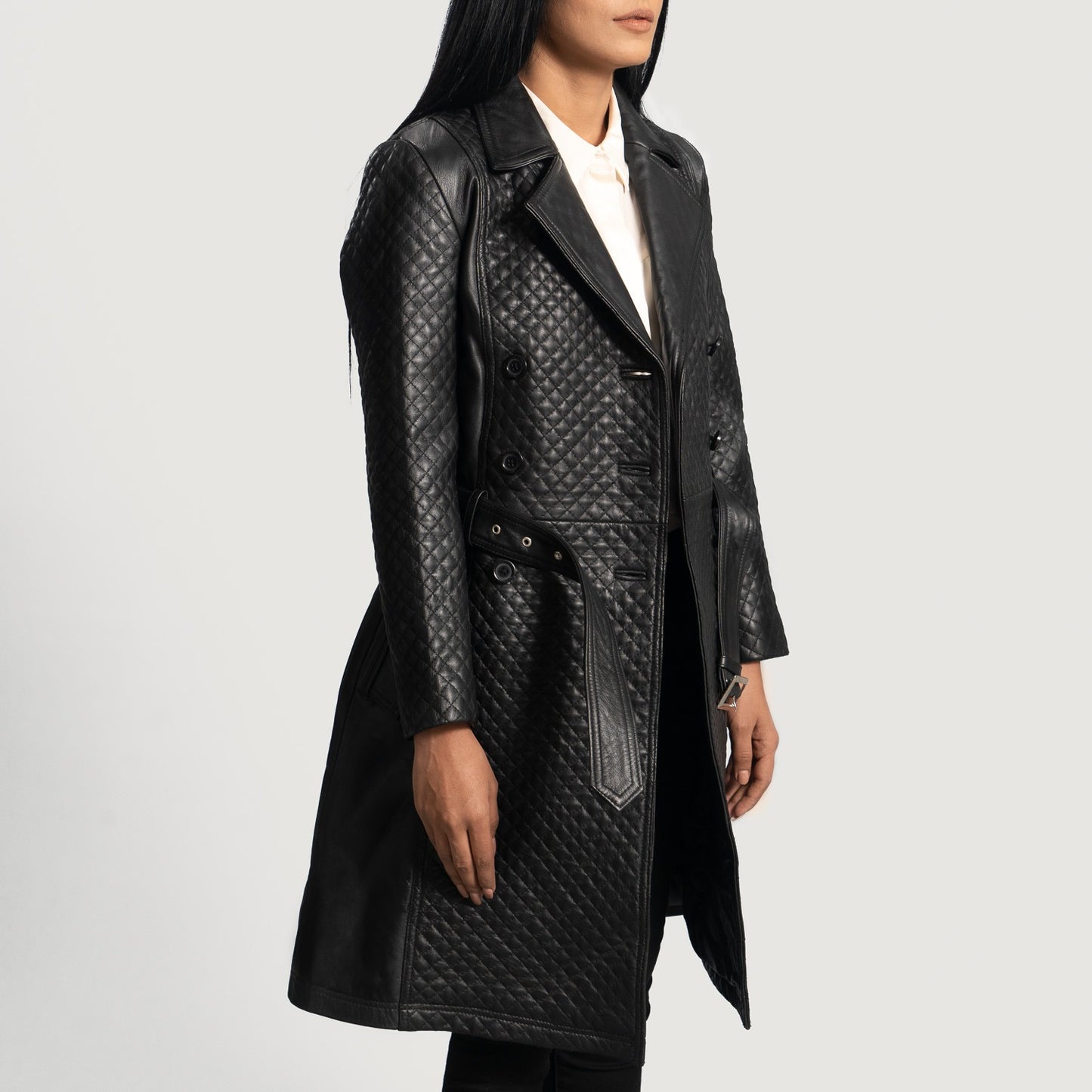 Small Women's Quilted Black Leather Trench Coat - skyjackerz