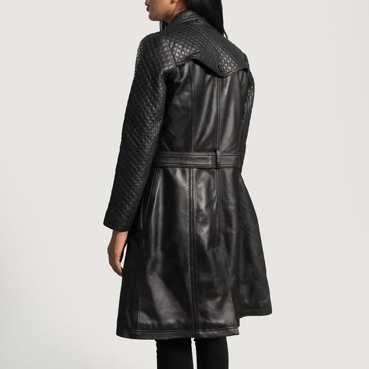 Small Women's Quilted Black Leather Trench Coat - skyjackerz