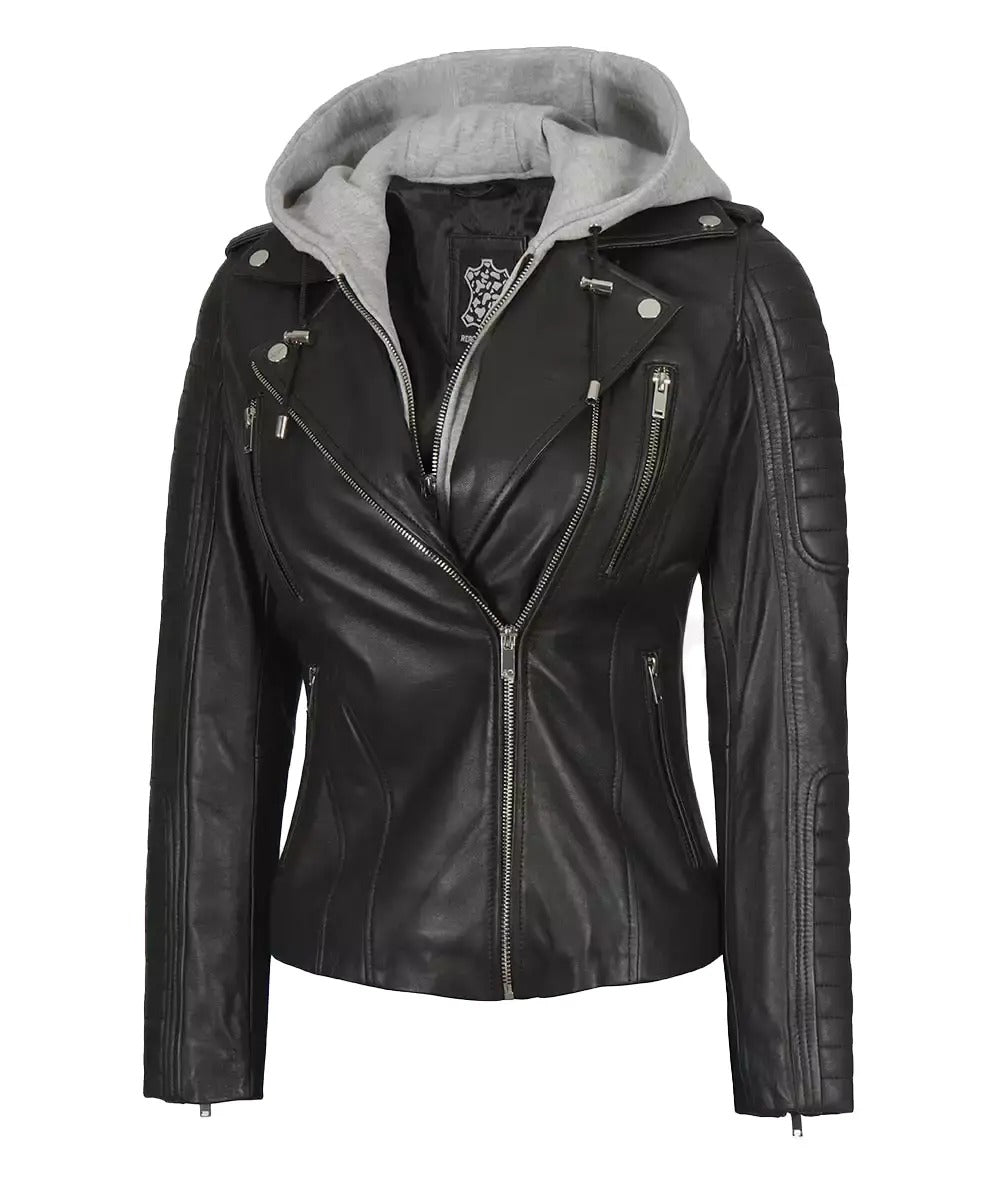 Women Convertible Hood Leather Jacket