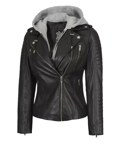 X Small Women Convertible Hood Leather Jacket - skyjackerz