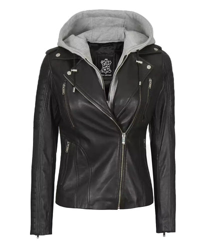 Women Convertible Hood Leather Jacket