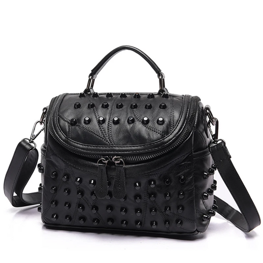 Black Luxury Leather Shoulder Bag for Women - Rivet Handbag - skyjackerz