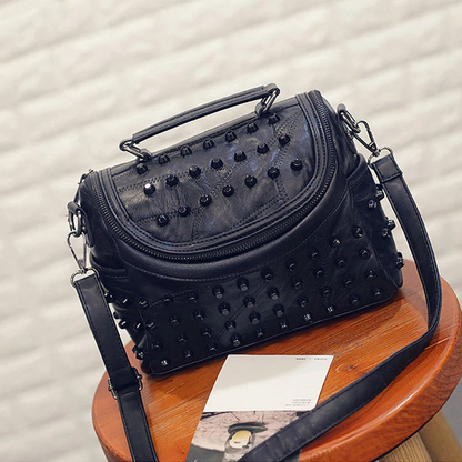 Black Luxury Leather Shoulder Bag for Women - Rivet Handbag - skyjackerz