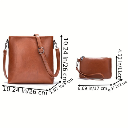 Brown Women's Leather Shoulder Bag Set - Two-Piece Handbag - skyjackerz