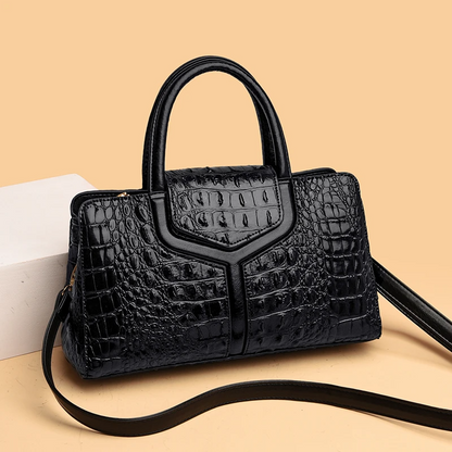Black Women's Leather Tote Bag - Crocodile Pattern Crossbody - skyjackerz