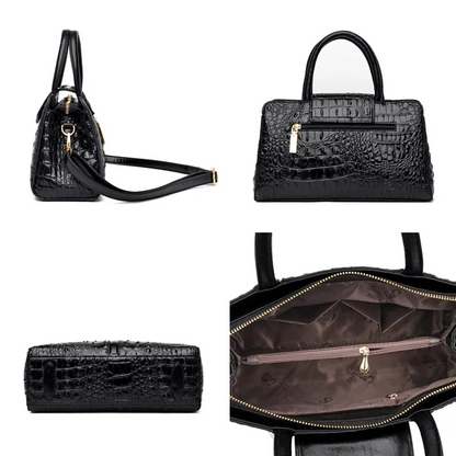 Black Women's Leather Tote Bag - Crocodile Pattern Crossbody - skyjackerz