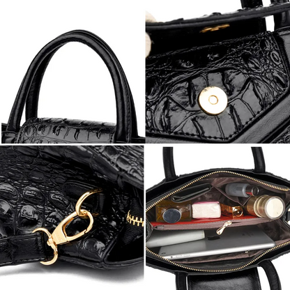 Black Women's Leather Tote Bag - Crocodile Pattern Crossbody - skyjackerz