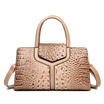 Khaki Women's Leather Tote Bag - Crocodile Pattern Crossbody - skyjackerz