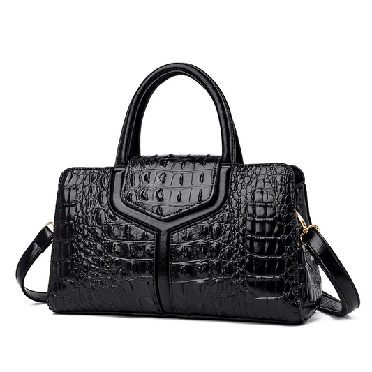 Black Women's Leather Tote Bag - Crocodile Pattern Crossbody - skyjackerz