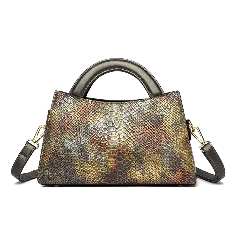 Gold Women's Leather Handbag - Crocodile Pattern Shoulder Bag - skyjackerz