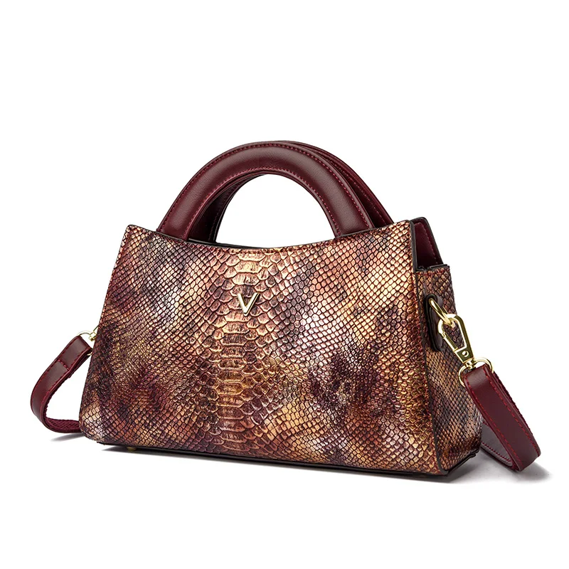 Gold Women's Leather Handbag - Crocodile Pattern Shoulder Bag - skyjackerz