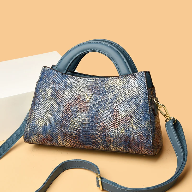 Blue Women's Leather Handbag - Crocodile Pattern Shoulder Bag - skyjackerz