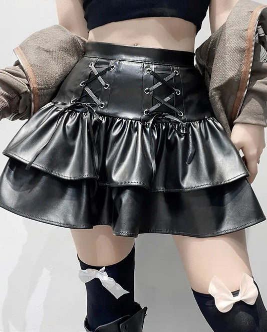 Black / S Women Leather Gothic Mini Skirt - skyjackerz