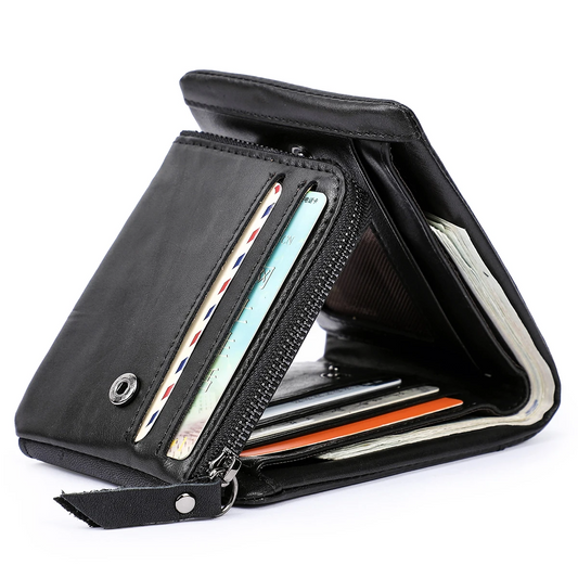 Black ClassicFold Men's Leather Trifold Wallet - skyjackerz