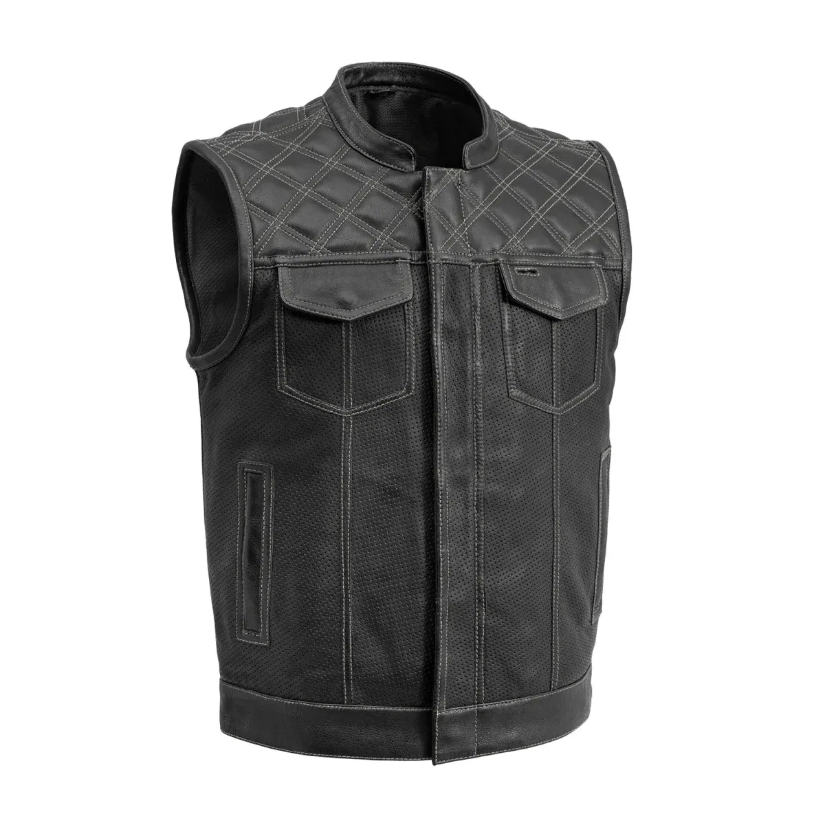 Black - Grey / Small Downside - Men's Perforated Club Style Leather Vest - skyjackerz