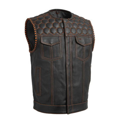 Black - Orange / Small Hornet Perforated - Men's Club Style Leather Vest - skyjackerz