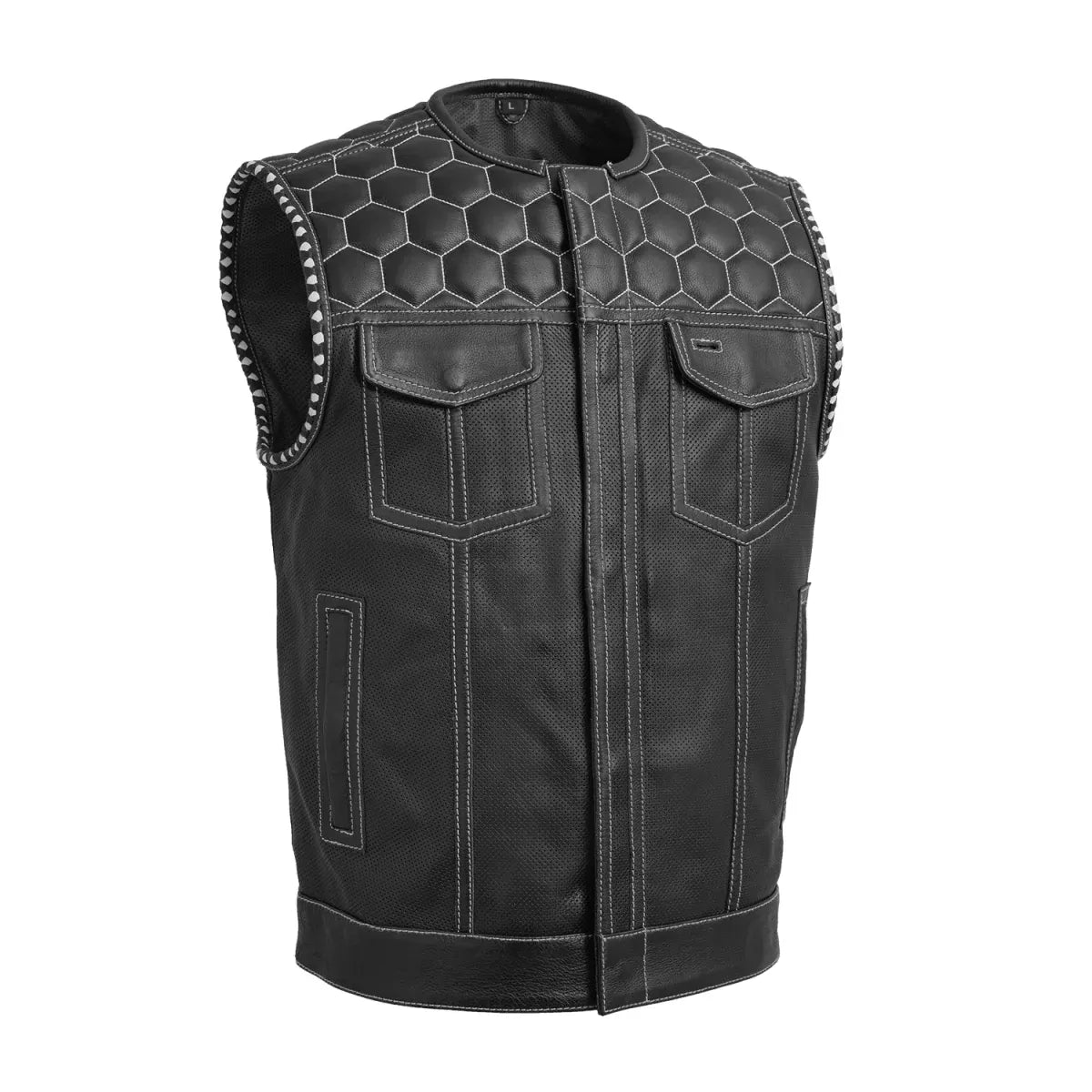 Black - White / Small Hornet Perforated - Men's Club Style Leather Vest - skyjackerz