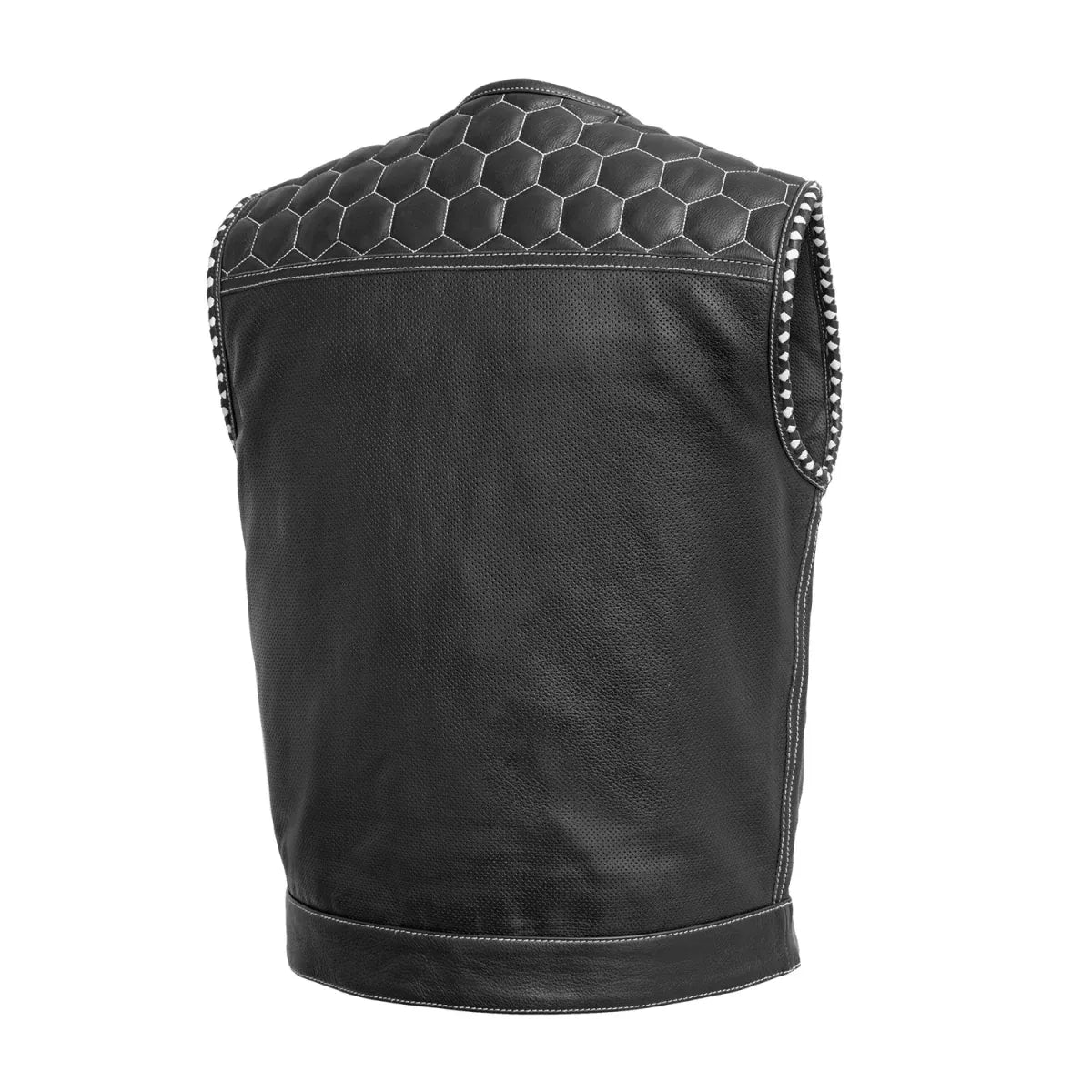 Black - White / Small Hornet Perforated - Men's Club Style Leather Vest - skyjackerz