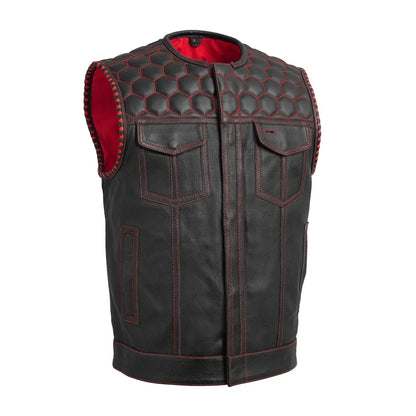 Black - Red / Small Hornet Perforated - Men's Club Style Leather Vest - skyjackerz