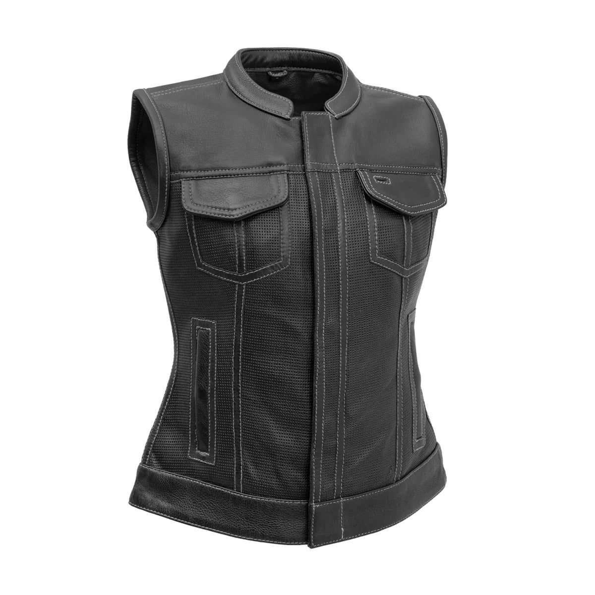 Grey / X Small Jessica Women's Perforated Motorcycle Leather Vest - skyjackerz