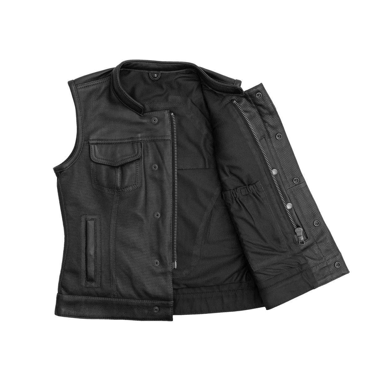 Black - Red / X Small Jessica Women's Perforated Motorcycle Leather Vest - skyjackerz