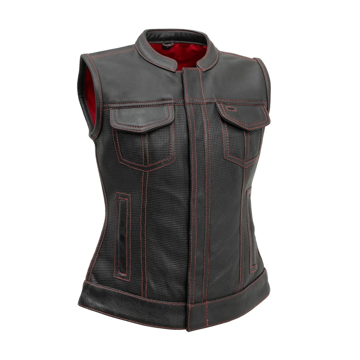 Black - Red / X Small Jessica Women's Perforated Motorcycle Leather Vest - skyjackerz