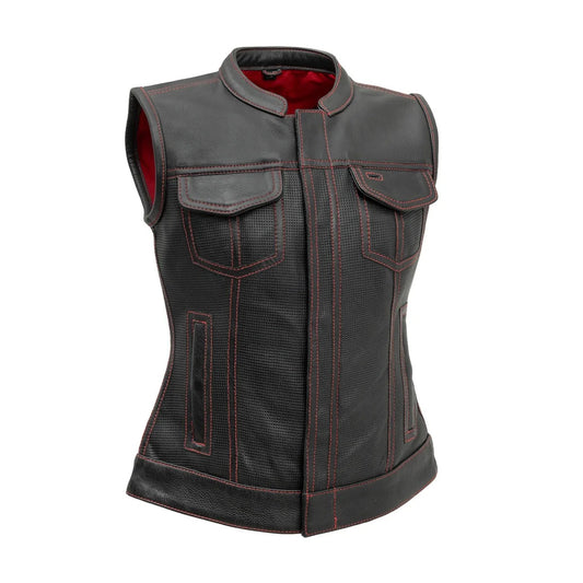 Black - Red / X Small Jessica Women's Perforated Motorcycle Leather Vest - skyjackerz