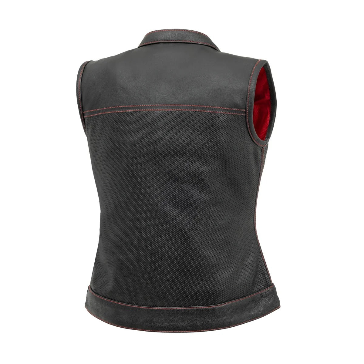 Black - Red / X Small Jessica Women's Perforated Motorcycle Leather Vest - skyjackerz