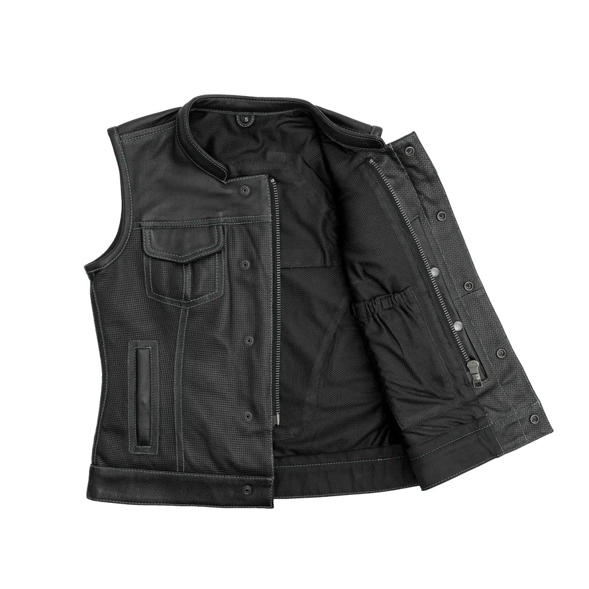 Black - Red / X Small Jessica Women's Perforated Motorcycle Leather Vest - skyjackerz