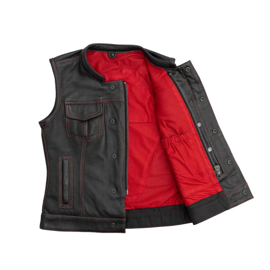 Black - Red / X Small Jessica Women's Perforated Motorcycle Leather Vest - skyjackerz