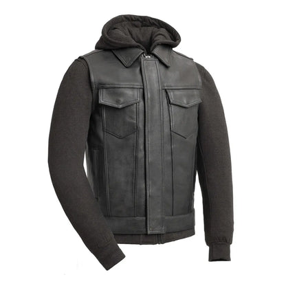 Black / Small Kent Men's Motorcycle Leather Vest with Sweatshirt - skyjackerz