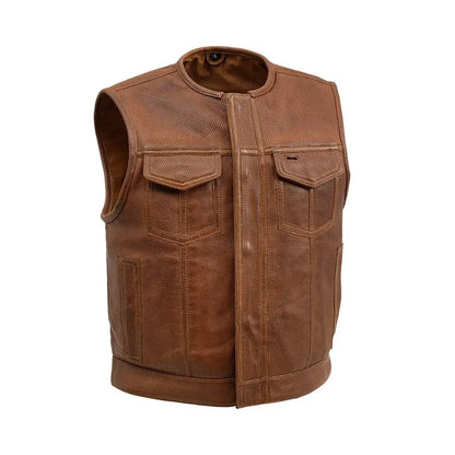 Cognac / Small Lowside Men's Perforated Motorcycle Leather Vest - skyjackerz