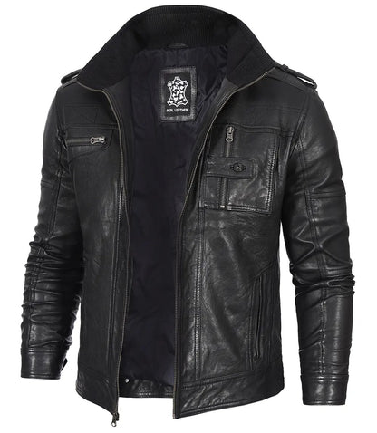 Black Distressed Biker Leather Jacket for Men