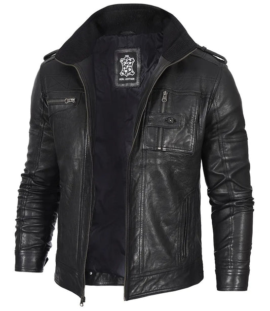 Medium Black Distressed Biker Leather Jacket for Men - skyjackerz