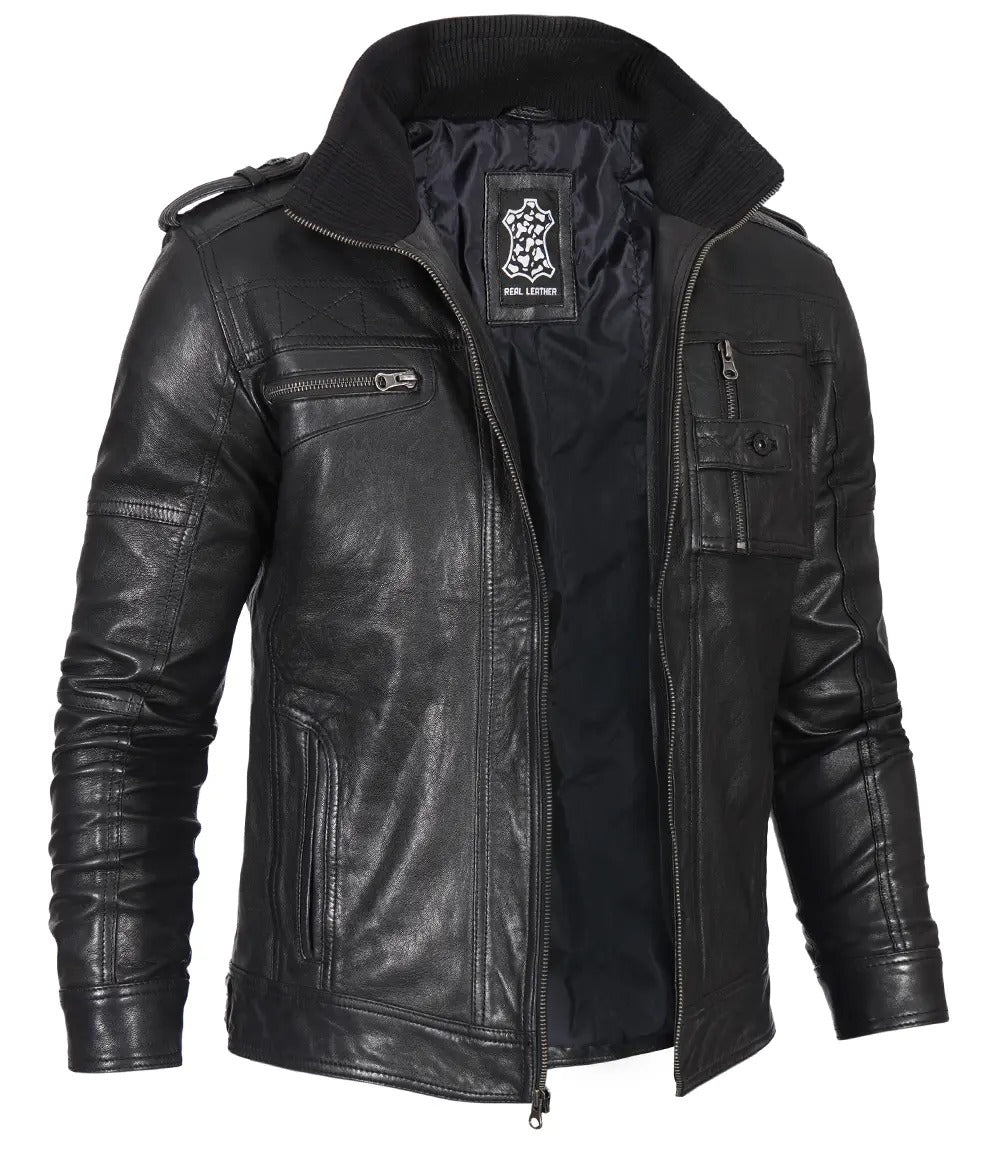 Black Distressed Biker Leather Jacket for Men