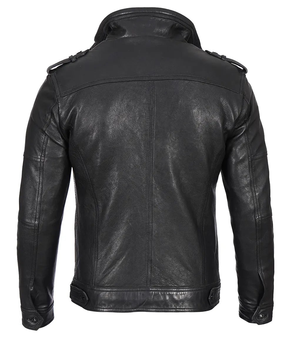 Black Distressed Biker Leather Jacket for Men