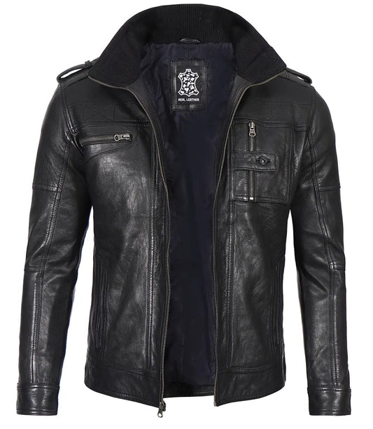 Black Distressed Biker Leather Jacket for Men