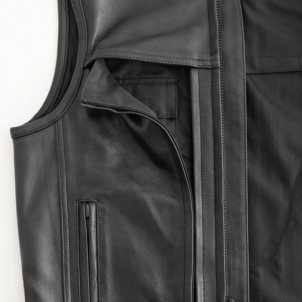 Black / Small Rampage Men's Motorcycle Leather Vest - skyjackerz