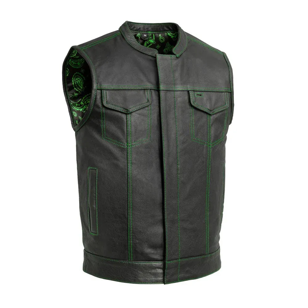 Green / Small Club Cut Men's Motorcycle Leather Vest - skyjackerz