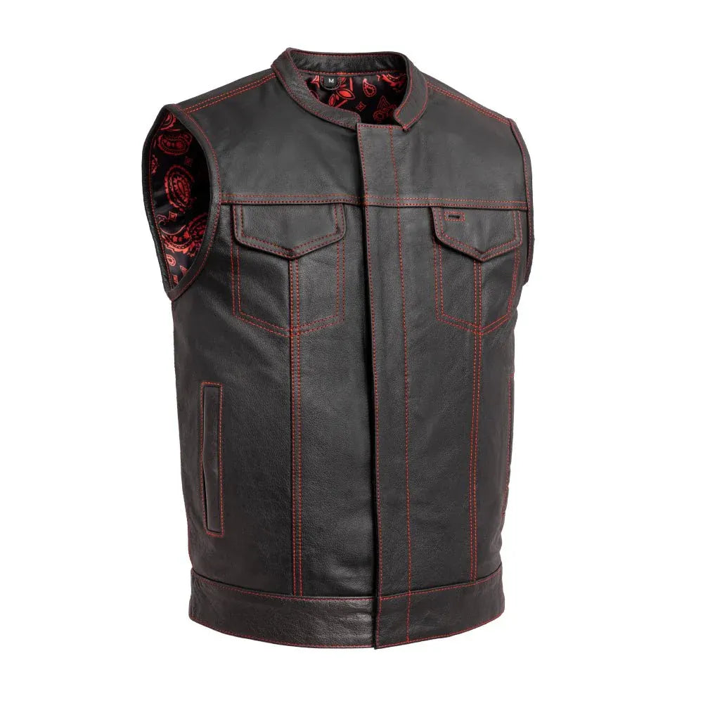 Red / Small Club Cut Men's Motorcycle Leather Vest - skyjackerz