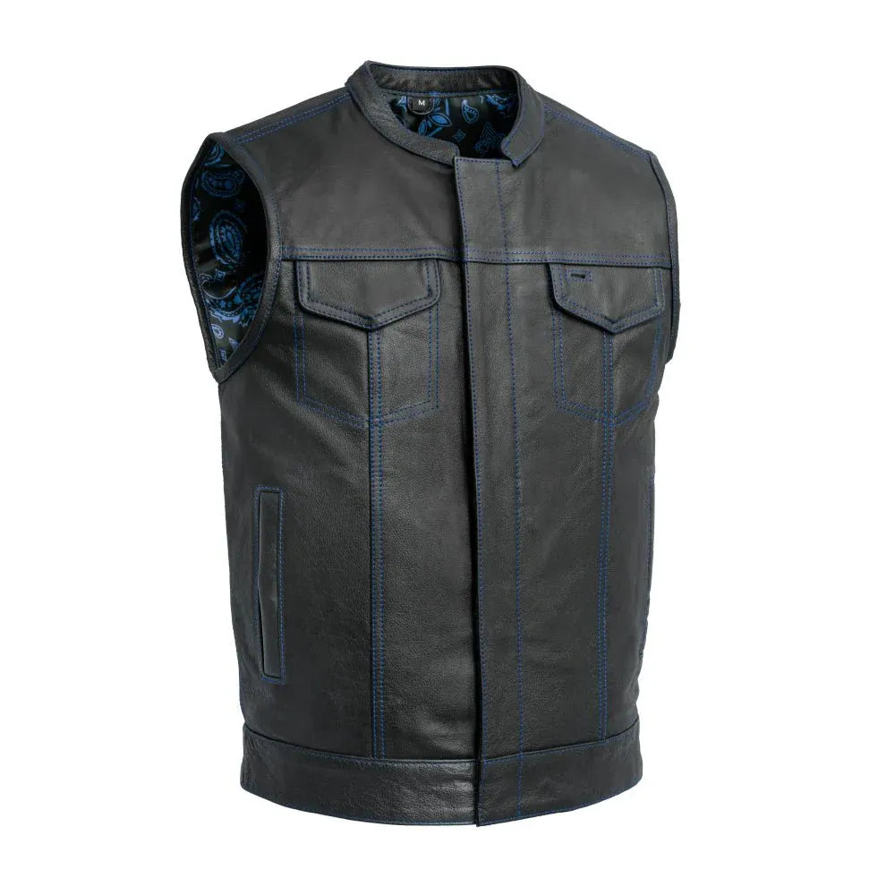 Blue / Small Club Cut Men's Motorcycle Leather Vest - skyjackerz