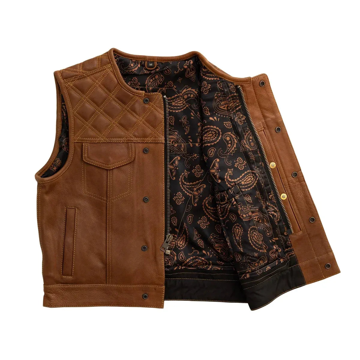 Cognac / Small Timber Men's Motorcycle Leather Vest - skyjackerz