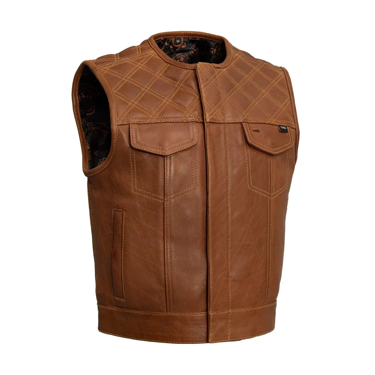 Cognac / Small Timber Men's Motorcycle Leather Vest - skyjackerz