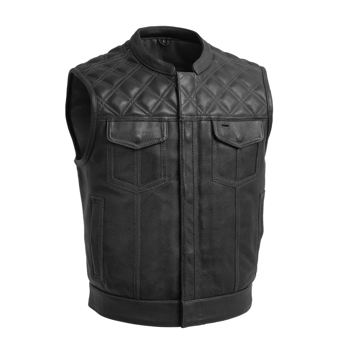 Black / Small Upside Men's Motorcycle Perforated Leather Vest - skyjackerz