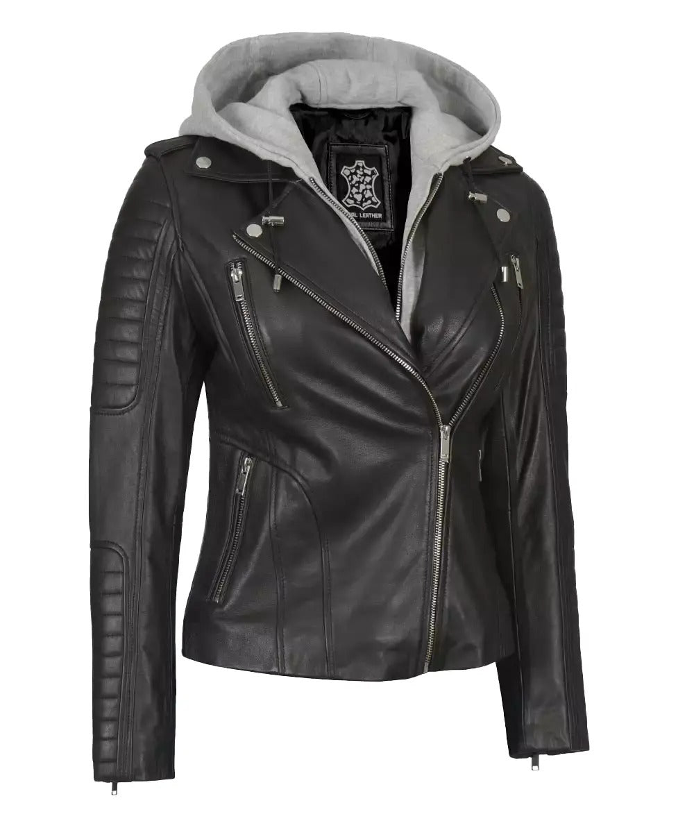 Women Convertible Hood Leather Jacket