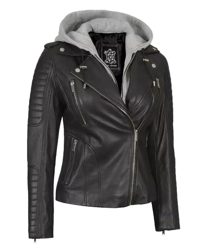 X Small Women Convertible Hood Leather Jacket - skyjackerz