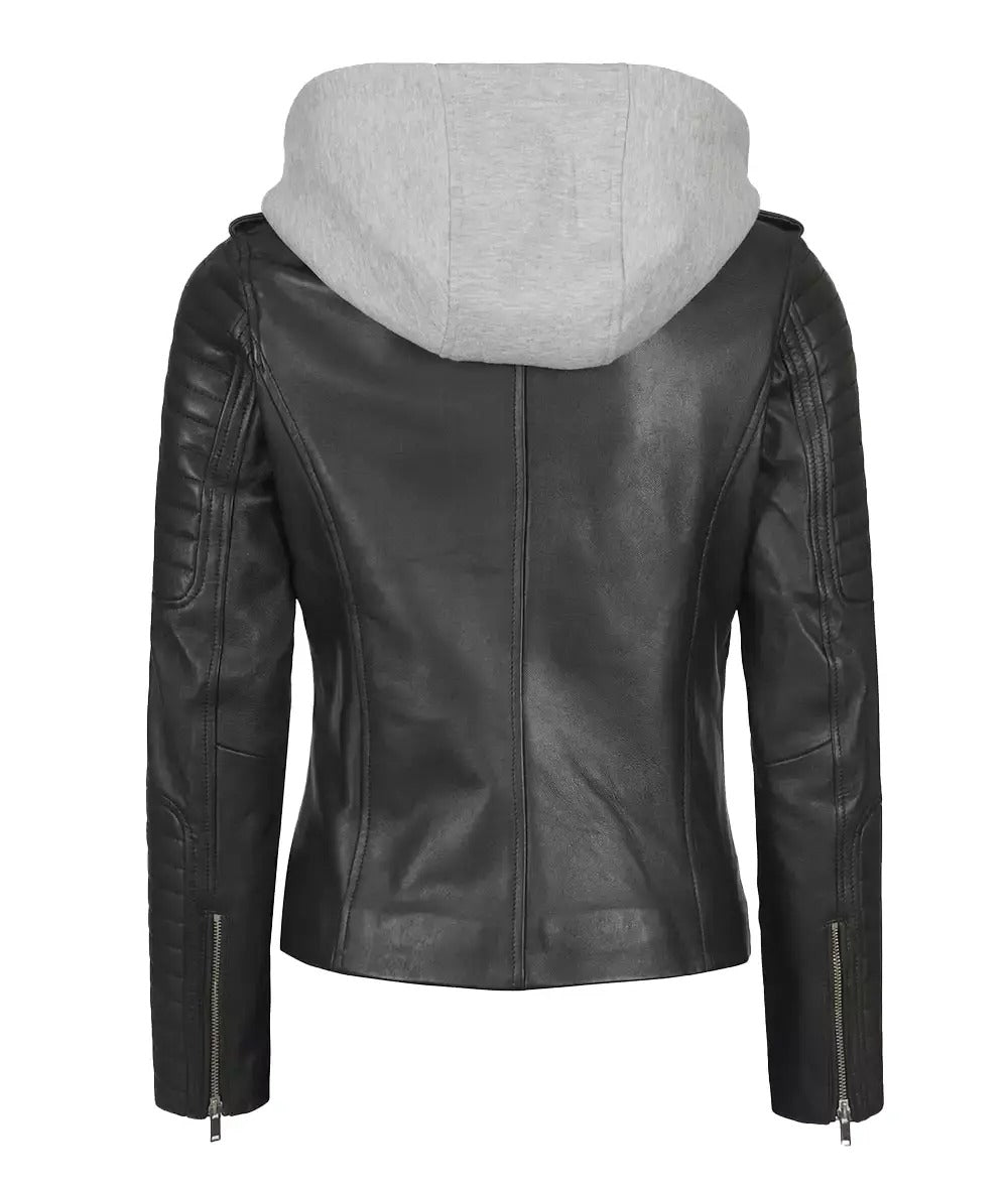 Women Convertible Hood Leather Jacket