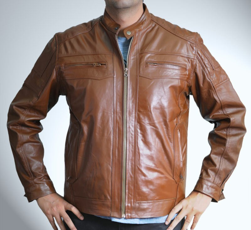 Medium Biker Light Brown Leather Jacket For Men - skyjackerz