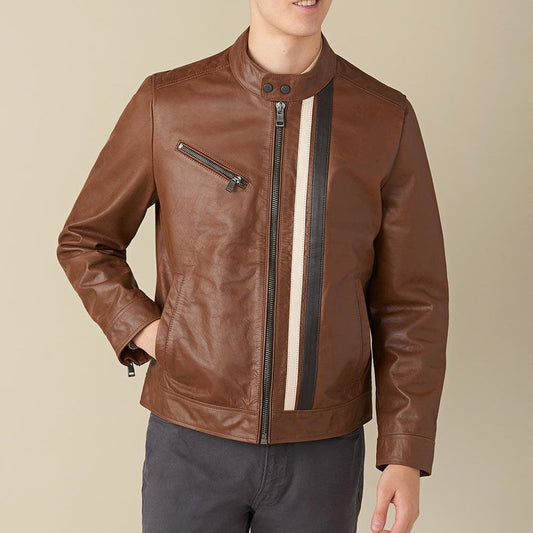 Medium Adam Stripe Biker Brown Leather Jacket For Men - skyjackerz