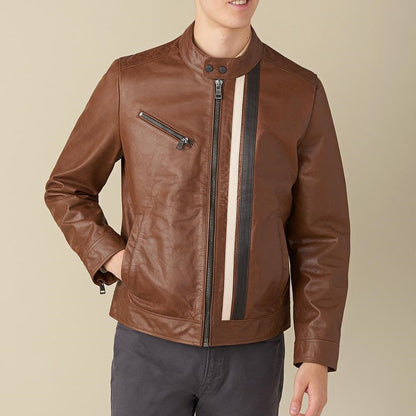 Medium Adam Stripe Biker Brown Leather Jacket For Men - skyjackerz